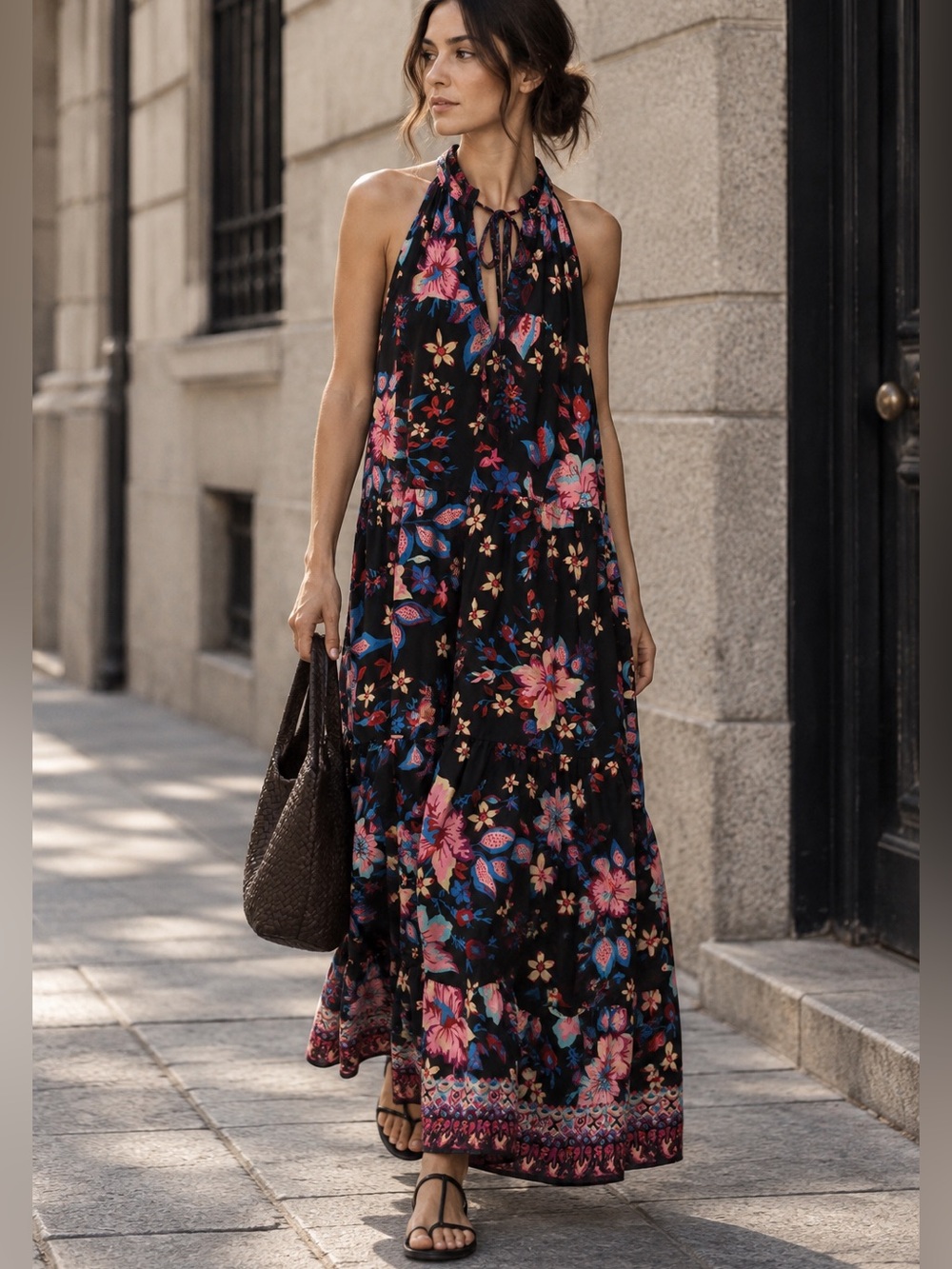 Böhme Black Multicolor Floral Halter Tiered Maxi Dress size Large